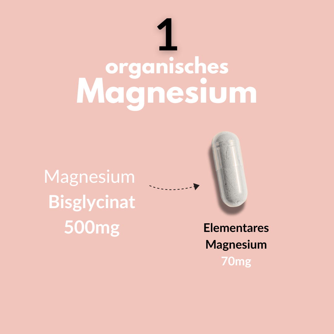Magnesium Glycinat Kapseln mit 500 mg Magnesium Bisglycinat und 70 mg elementares Magnesium.