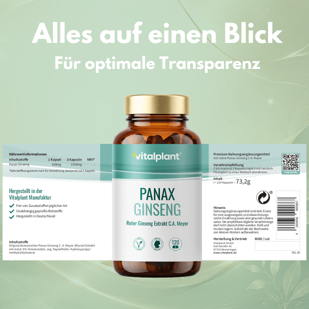 Panax Ginseng Kapseln von Vitalplant in hochwertiger Verpackung für optimale Transparenz.