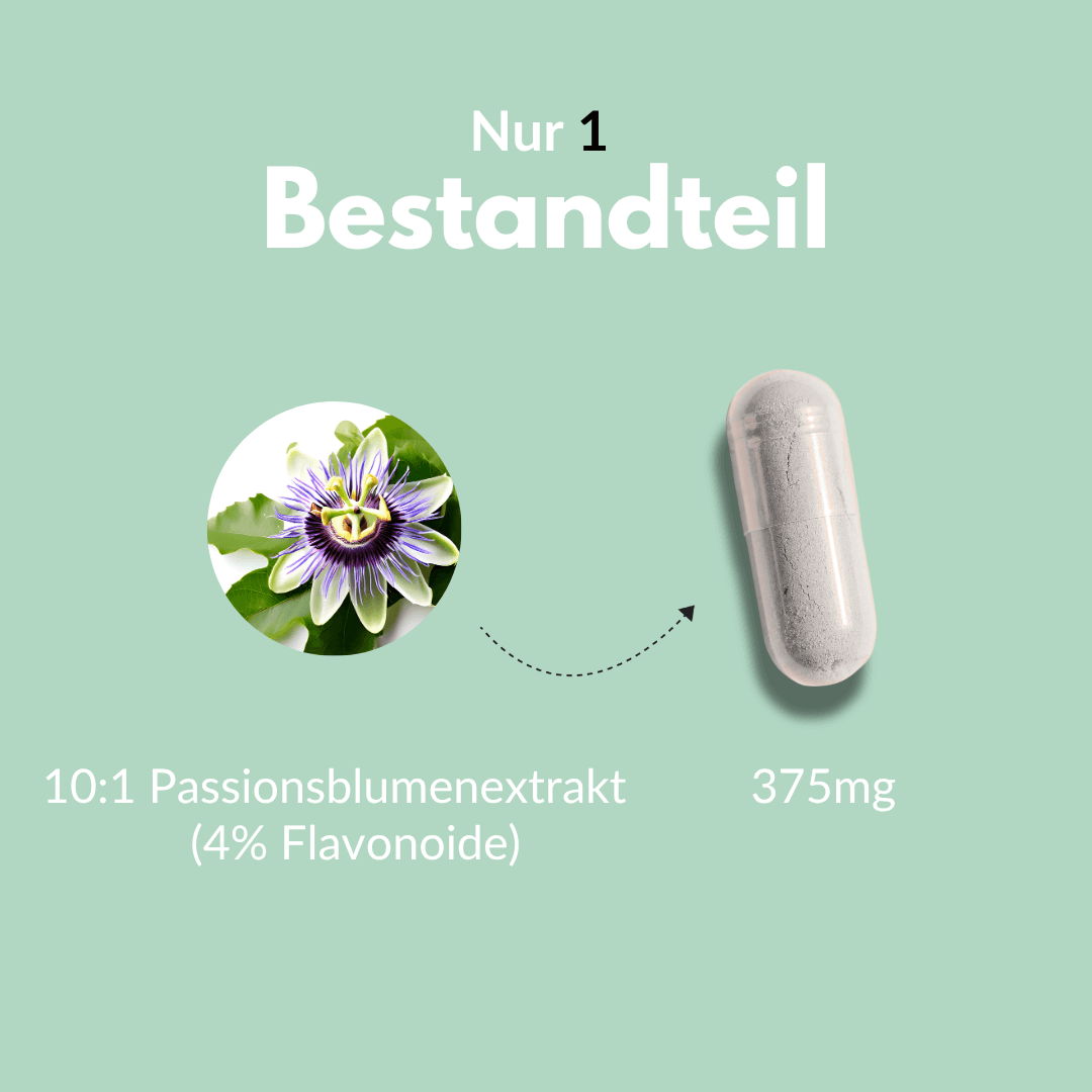 Passionsblume Kapseln mit 10:1 Passionsblumenextrakt und 375mg pro Kapsel für natürliche Entspannung.