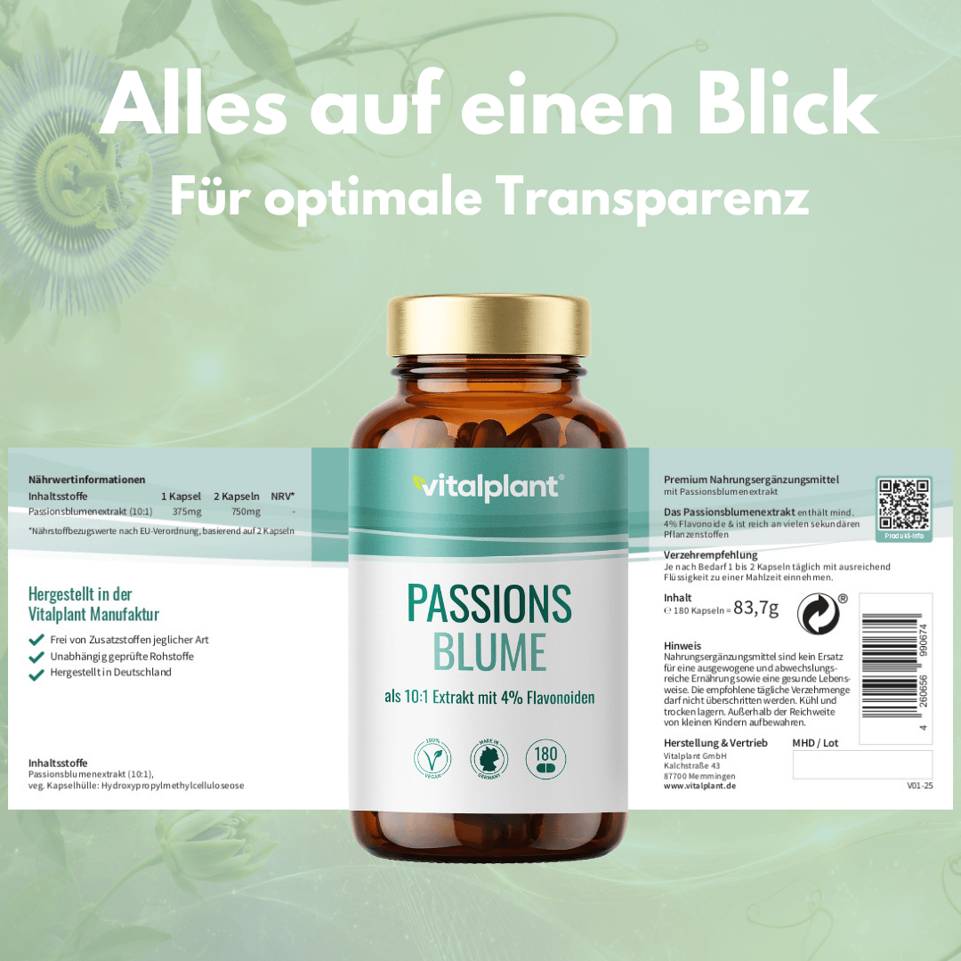 Passionsblume Kapseln von Vitalplant für natürliche Entspannung und innere Ruhe aus Nordamerika.