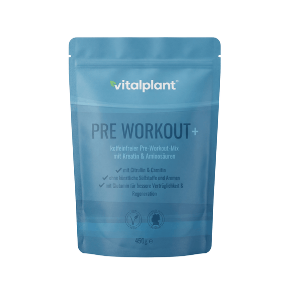 Pre Workout + by Vitalplant in blue packaging, 450g, caffeine-free mixer with creatine and amino acids.