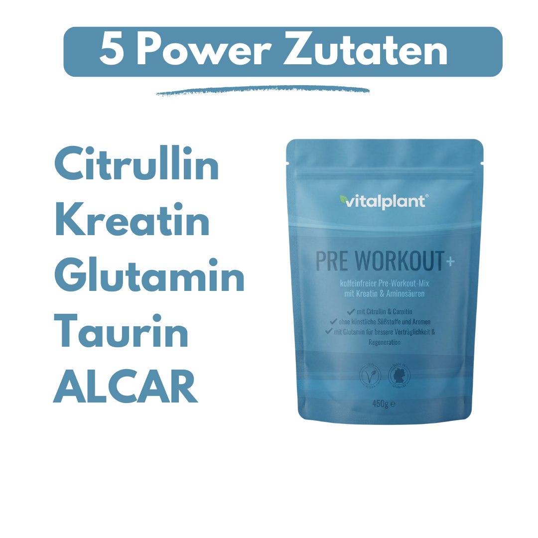 Verpackung von Pre Workout+ mit 5 Power Zutaten: Citrullin, Kreatin, Glutamin, Taurin, ALCAR für optimierte Trainingsleistung.