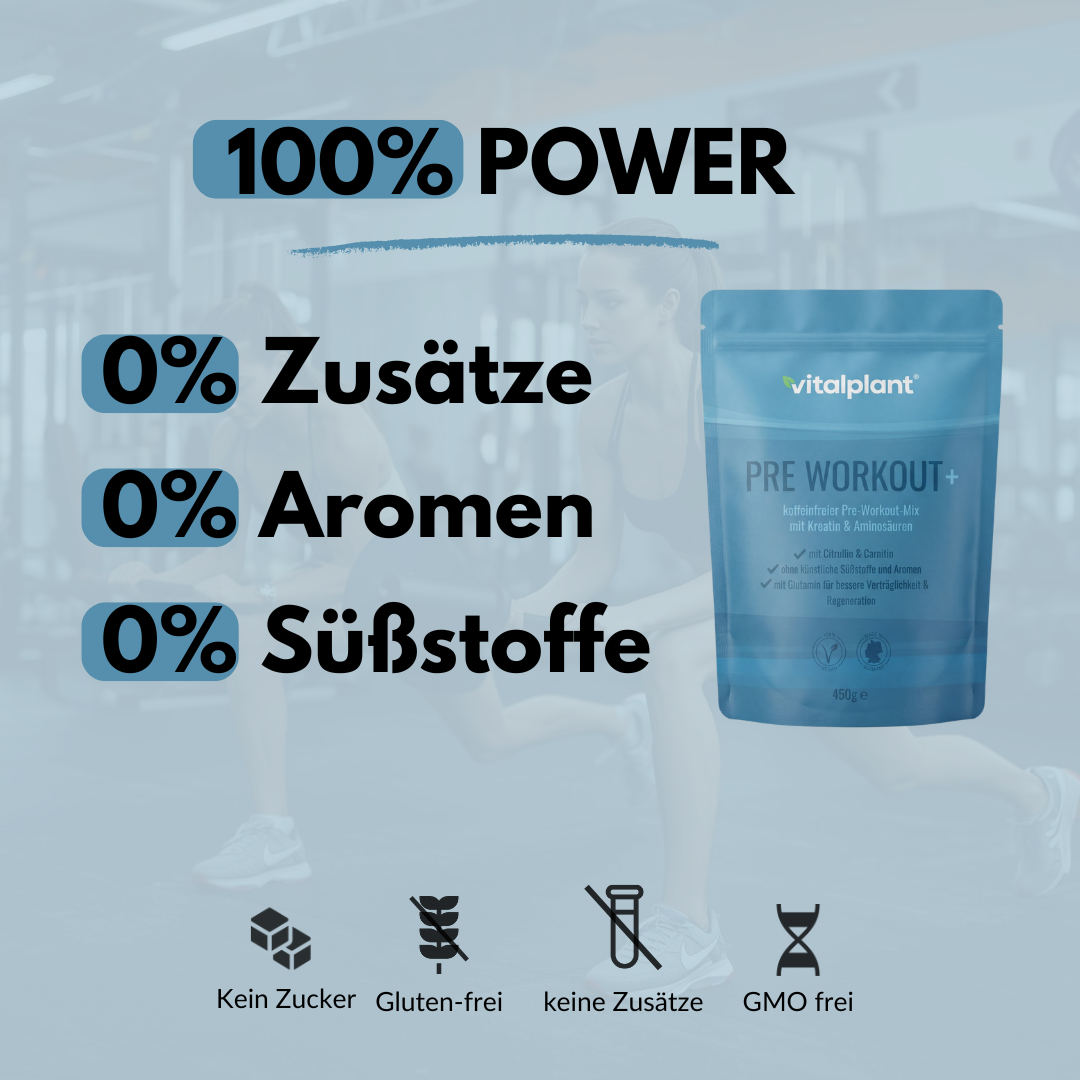 Produktbild von Pre Workout+ mit 100% Power und ohne Zusatzstoffe, Aromen oder Süßstoffe von Vitalplant.