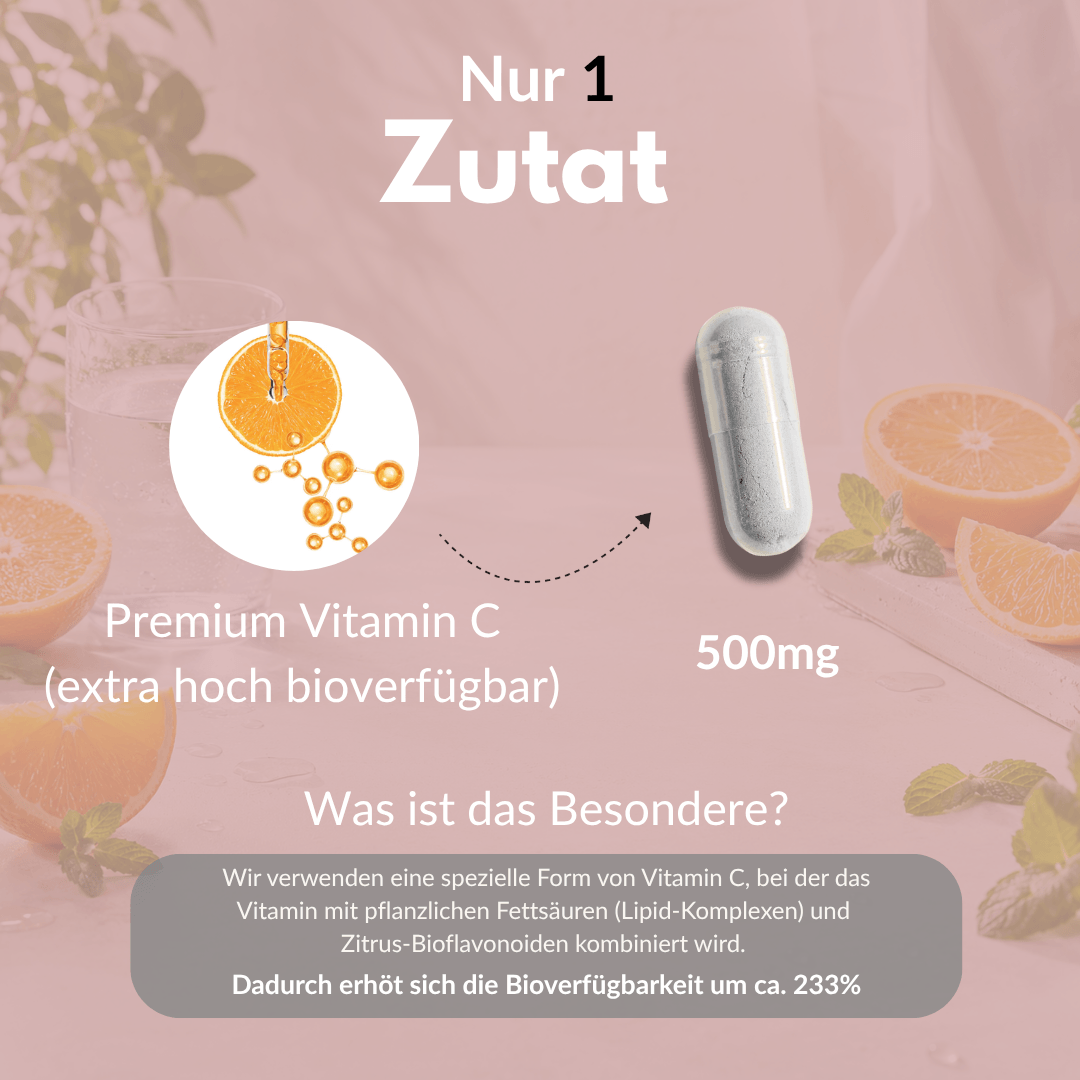 Vitamin C 1000 Kapseln mit Lipidkomplex für maximal bioverfügbares Premium-Vitamin C, 500mg pro Kapsel.