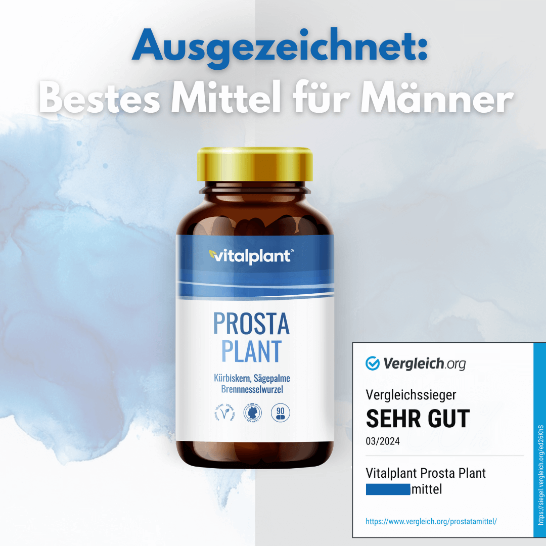 Prosta Plant Flasche mit Auszeichnung für Männergesundheit und Rezeptur von vitalplant.