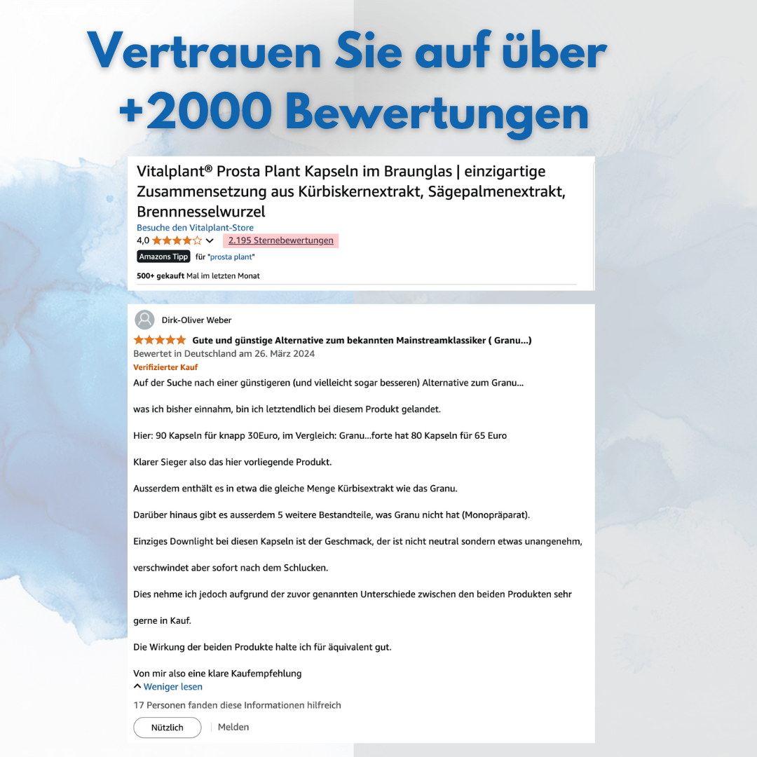Prosta Plant Kapseln in Braunglas mit über 2000 Bewertungen für Männergesundheit und Pflanzenextrakte.