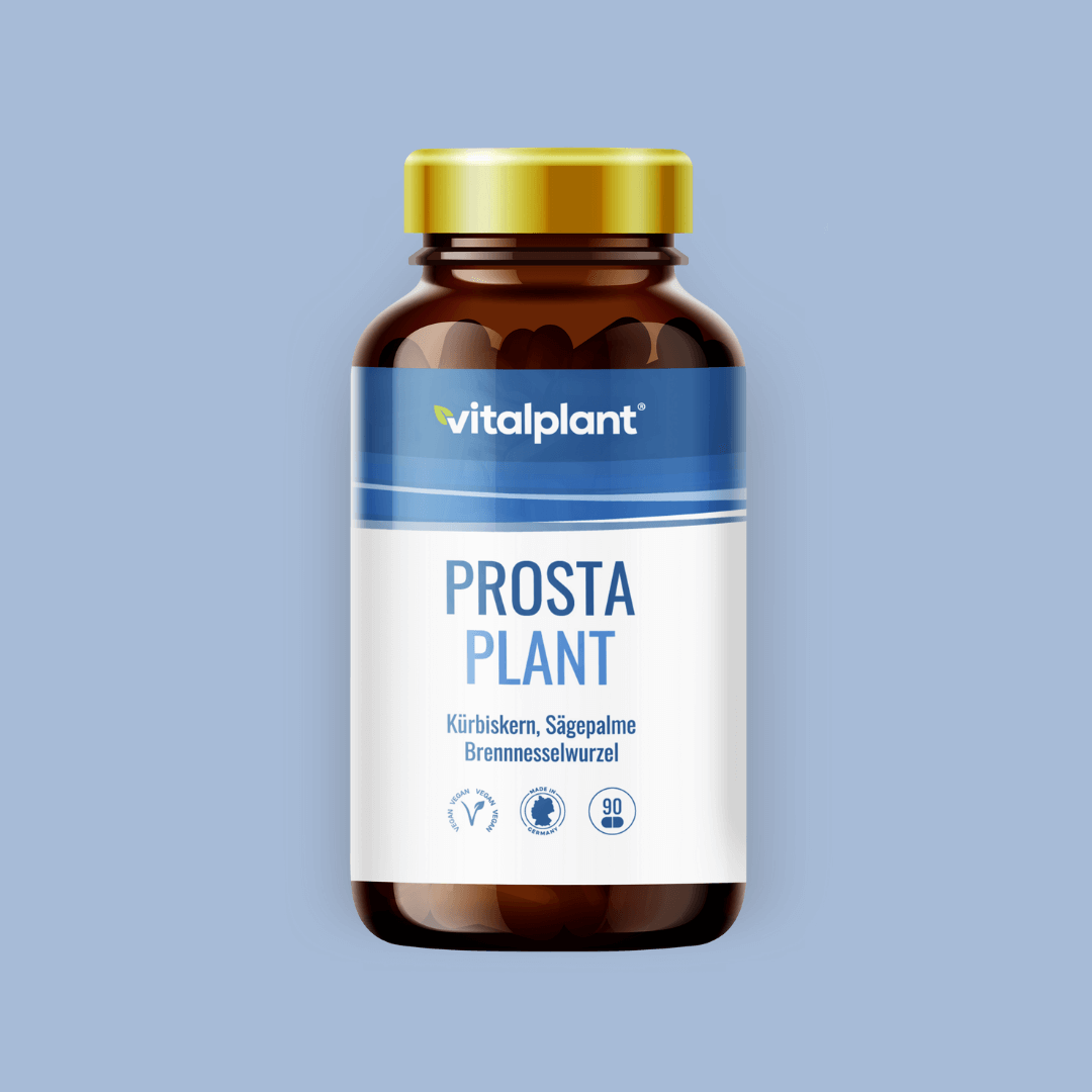 Prosta Plant Kapseln in einer braunen Flasche auf einem blauen Hintergrund zur Unterstützung der Männergesundheit.