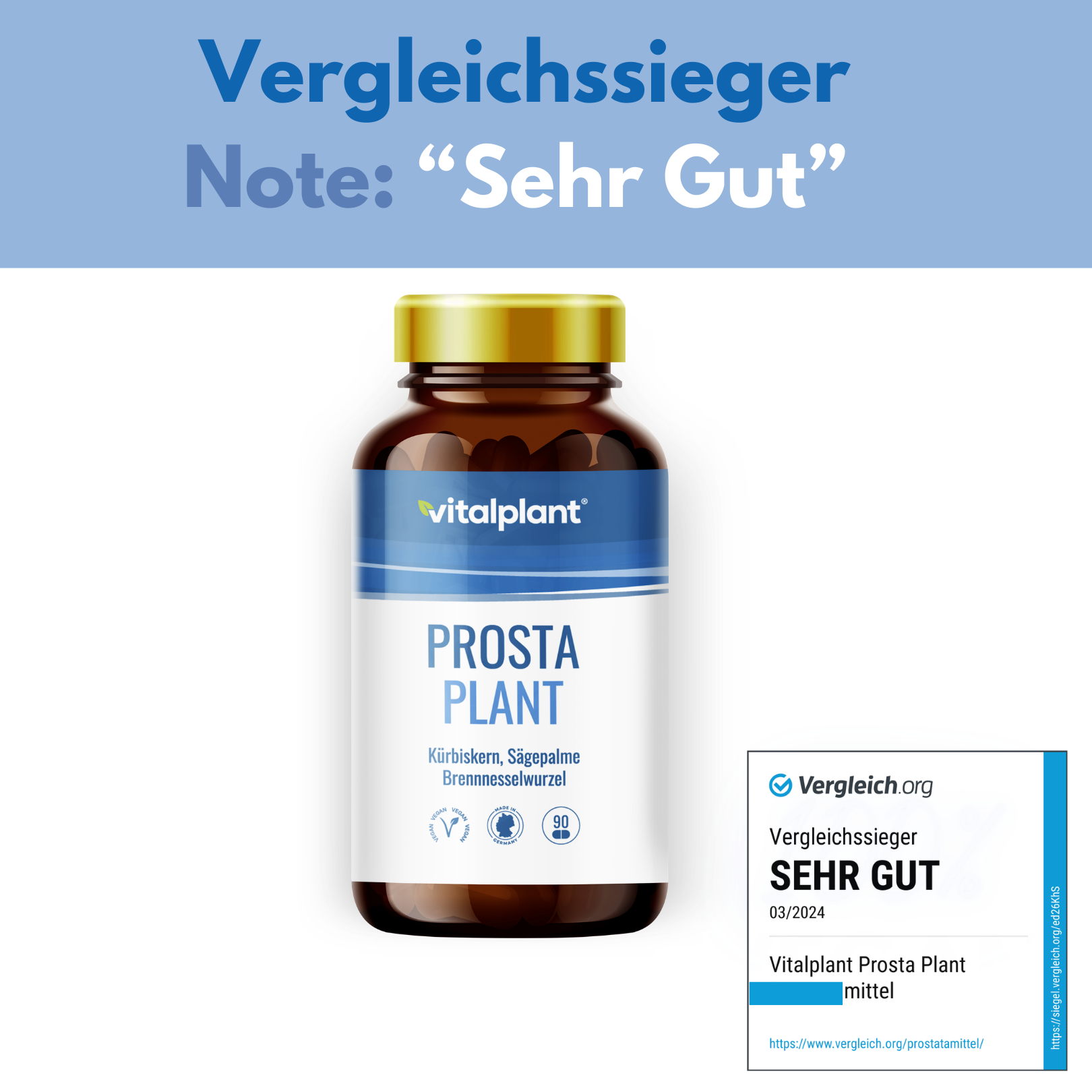 Prosta Plant Kapseln von Vitalplant mit Auszeichnung "Sehr Gut" für Männergesundheit