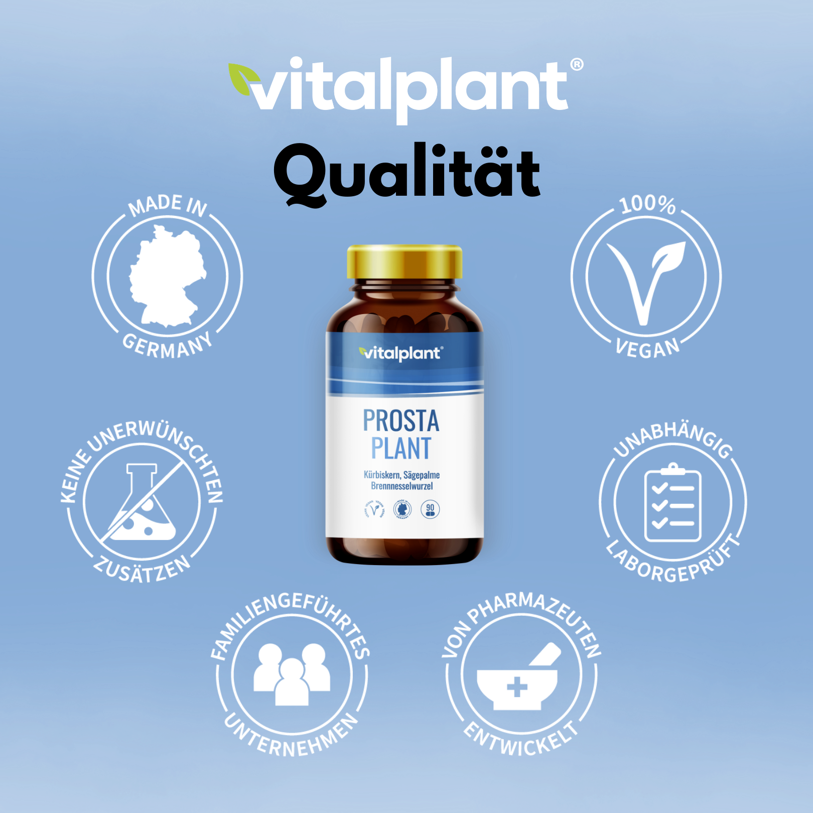 Prosta Plant Kapseln mit veganen Zutaten für Männergesundheit, entwickelt von Pharmazeuten, made in Germany.