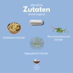 Prosta Plant Inhaltsstoffe: Kürbiskern Extrakt, Brennnesselwurzel Extrakt, Sägpalmene Extrakt, Zink, Vitamin E, Selen.