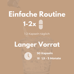 Bild mit Informationen zur Einnahme von Reishi Kapseln: 1-2 Kapseln täglich für 1,5-3 Monate.