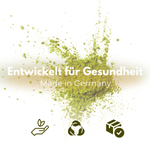 Salbei Kapseln entworfen für Gesundheit, hergestellt in Deutschland, mit Symbolen für Qualität und Nachhaltigkeit.