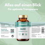 Salbei Kapseln mit hochdosiertem Extrakt von vitalplant auf einem transparenten Hintergrund.