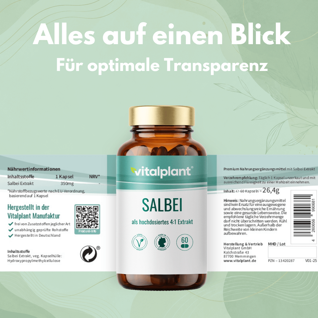 Salbei Kapseln mit hochdosiertem Extrakt von vitalplant auf einem transparenten Hintergrund.