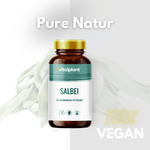 Salbei Kapseln in einem braunen Glasbehälter mit hochdosiertem Salbeiextrakt, vegan und rein.