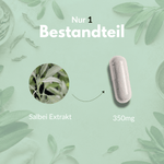Salbei Kapseln mit 350mg Salbei Extrakt auf grüner Oberfläche.
