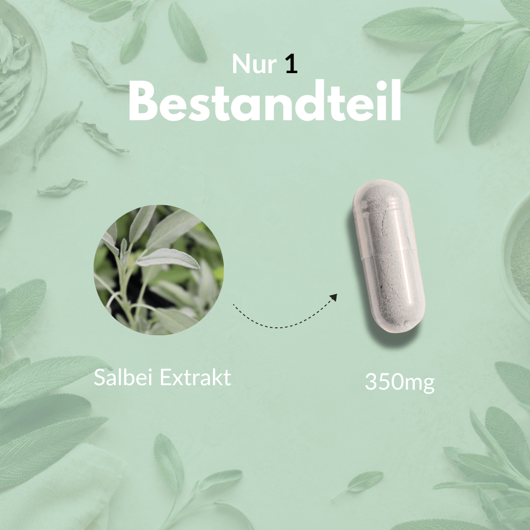 Salbei Kapseln mit 350mg Salbei Extrakt auf grüner Oberfläche.