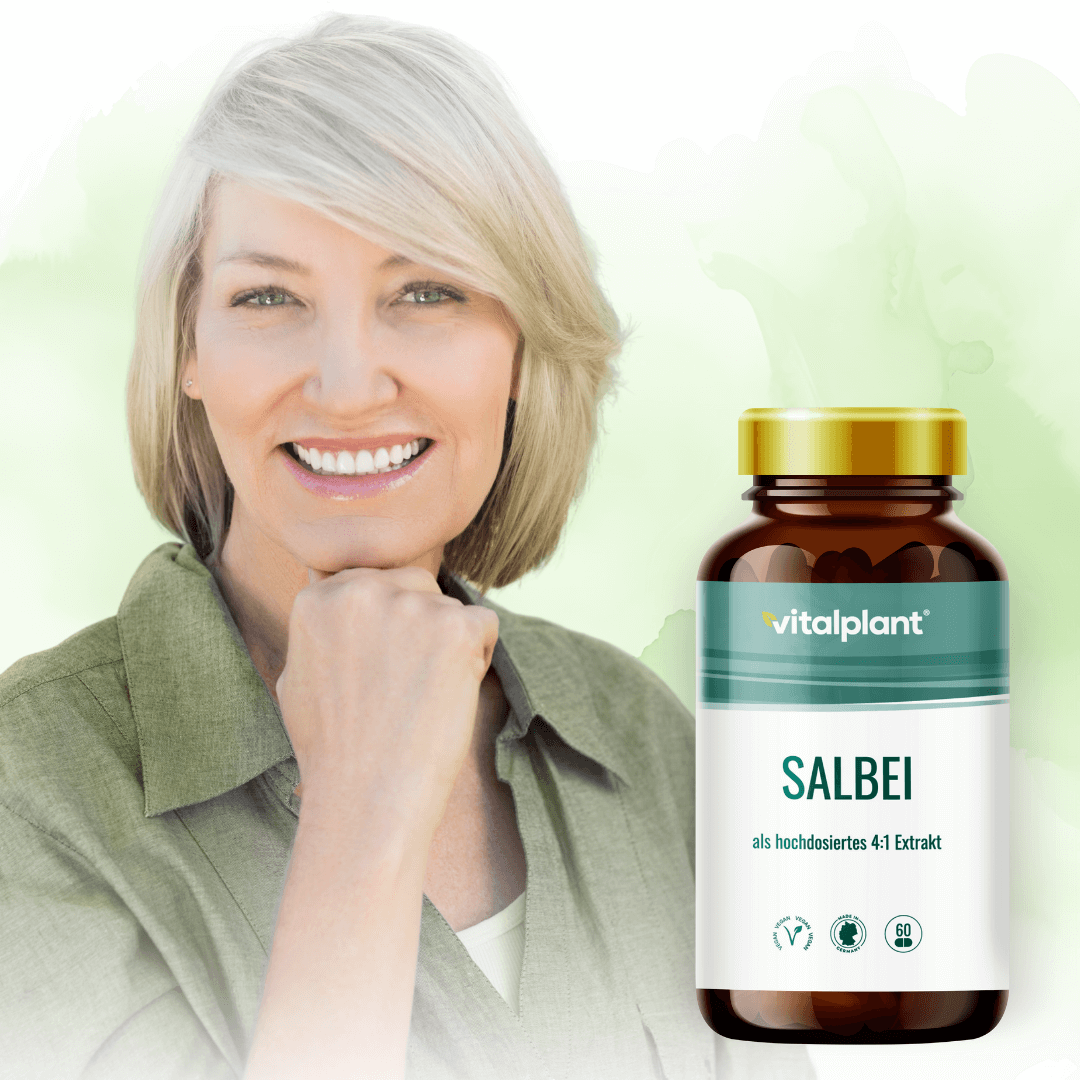 Salbei Kapseln hochdosierter Extrakt in Flasche mit lächelnder Frau im Hintergrund.