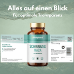 Schwarzes Maca Kapseln in einer Flasche mit Nährwertangaben und Empfehlungen für die Einnahme