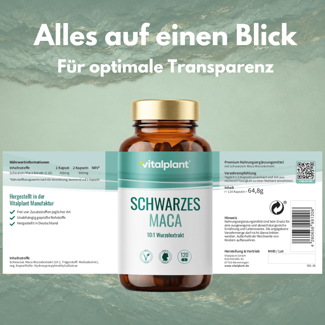 Schwarzes Maca Kapseln in einer Flasche mit Nährwertangaben und Empfehlungen für die Einnahme