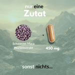 Schwarzes Maca Kapseln mit 450 mg Wurzelextrakt, nur eine Zutat in veganer Kapsel.