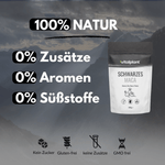 Verpackung von Schwarzes Maca Pulver mit 100% natürlichen Zutaten und ohne Zusätze in den Alpen.