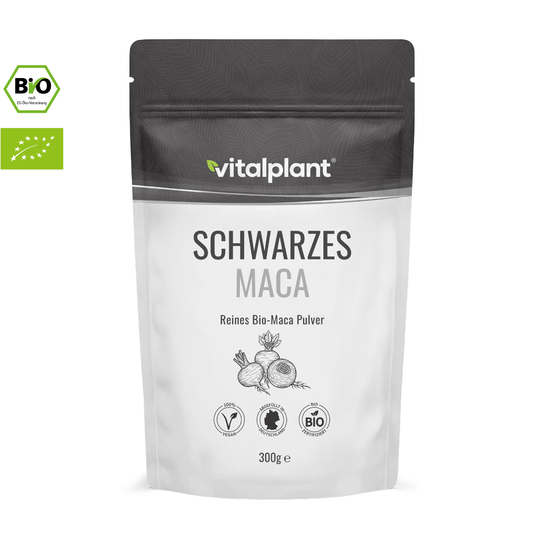 Schwarzes Maca Pulver in einer 300g Verpackung von Vitalplant, bio-zertifiziert und vegan.