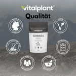 Schwarzes Maca Pulver von Vitalplant, 100% vegan, in Deutschland hergestellt, ohne unerwünschte Zusätze.