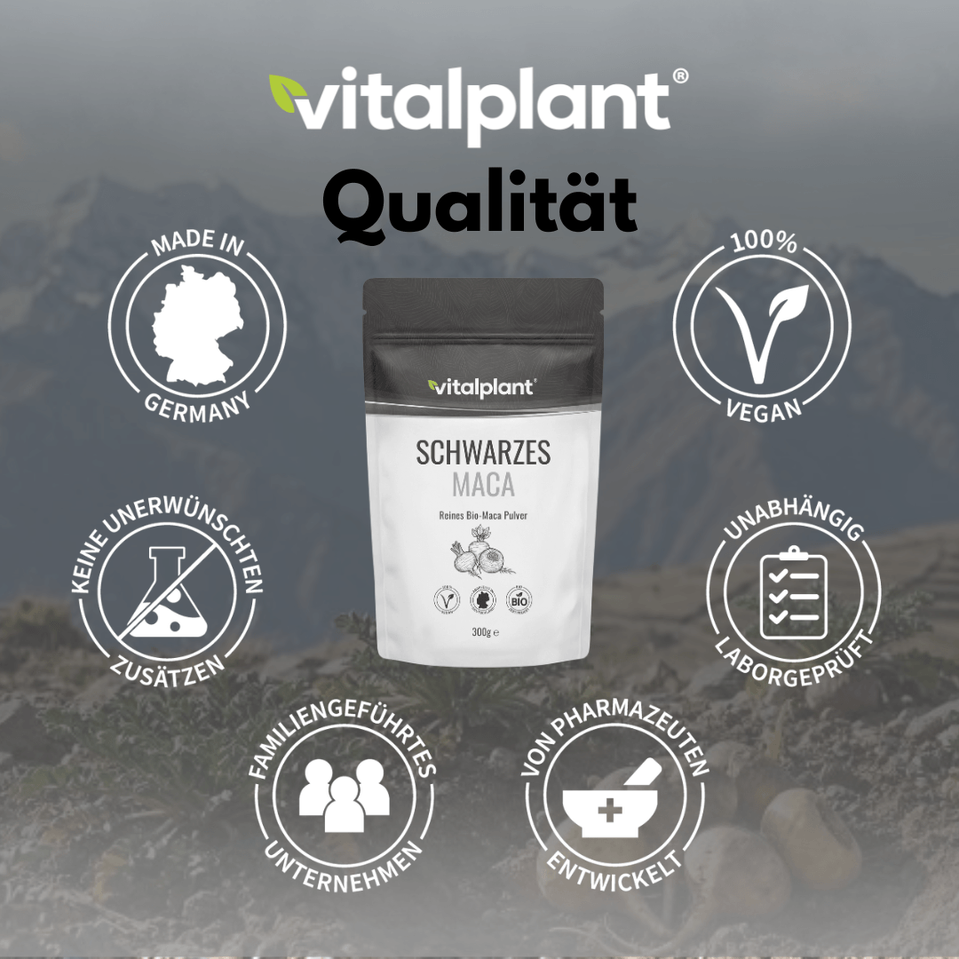 Schwarzes Maca Pulver von Vitalplant, 100% vegan, in Deutschland hergestellt, ohne unerwünschte Zusätze.