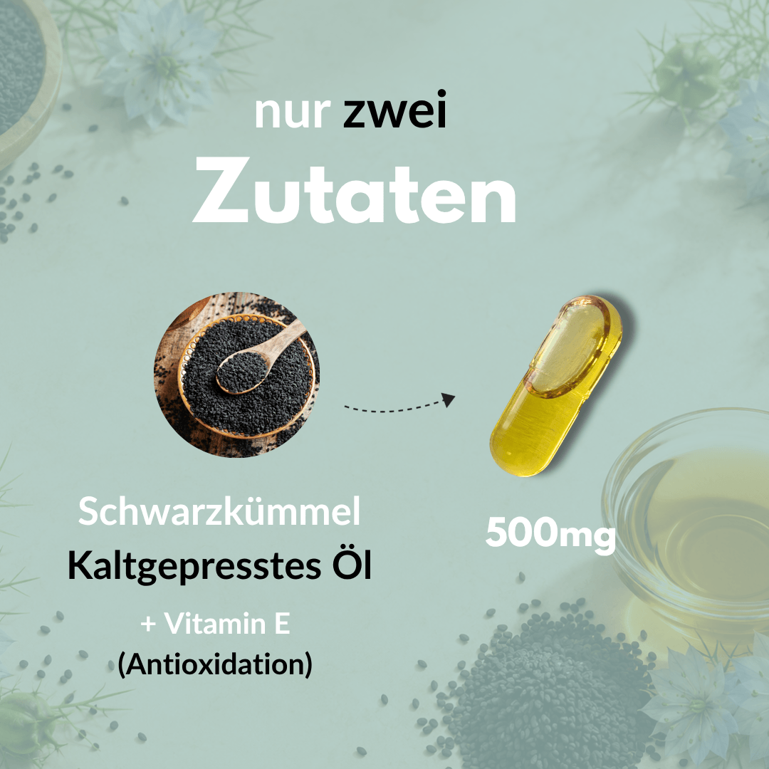 Bio Schwarzkümmelöl Kapseln mit Kaltgepresstem Öl und Vitamin E für antioxidative Wirkung.