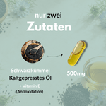 Organic black cumin oil capsules with cold-pressed oil and vitamin E for antioxidant effect.