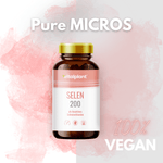 Selen Kapseln von vitalplant mit 200µg, 100% vegan für Zellschutz und biochemische Prozesse.