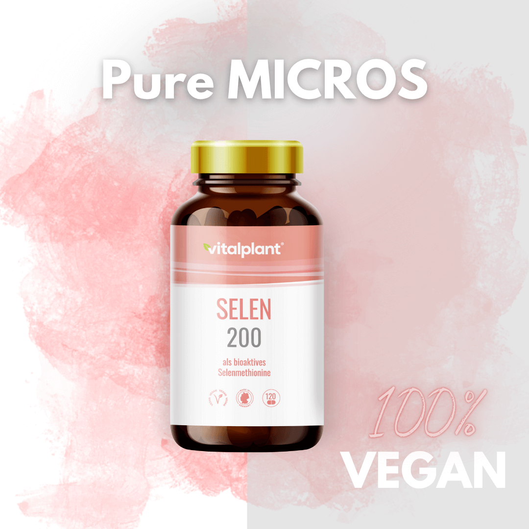 Selen Kapseln von vitalplant mit 200µg, 100% vegan für Zellschutz und biochemische Prozesse.