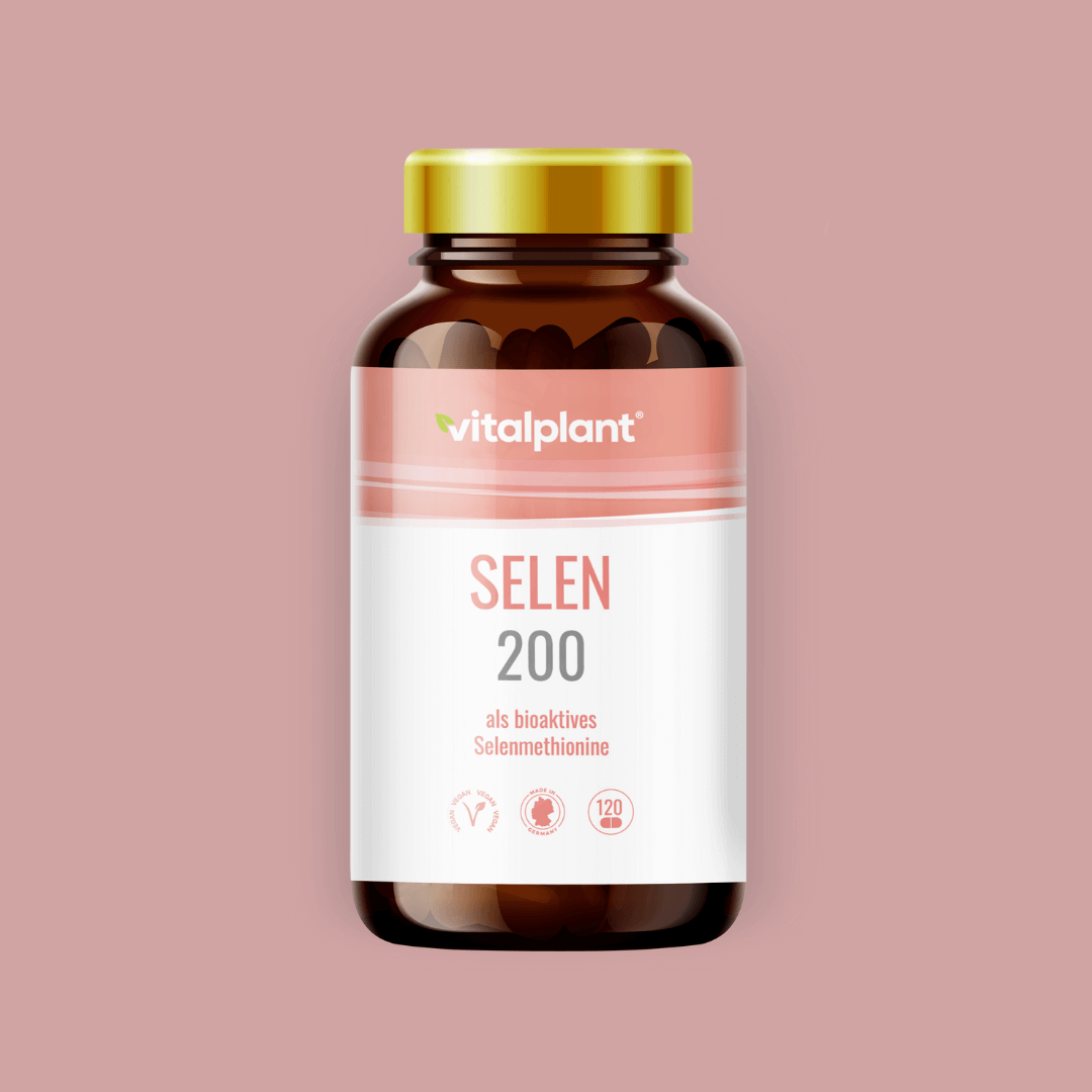 Selen Kapseln 200µg von Vitalplant in braunem Fläschchen mit goldener Kappe für Zellschutz.