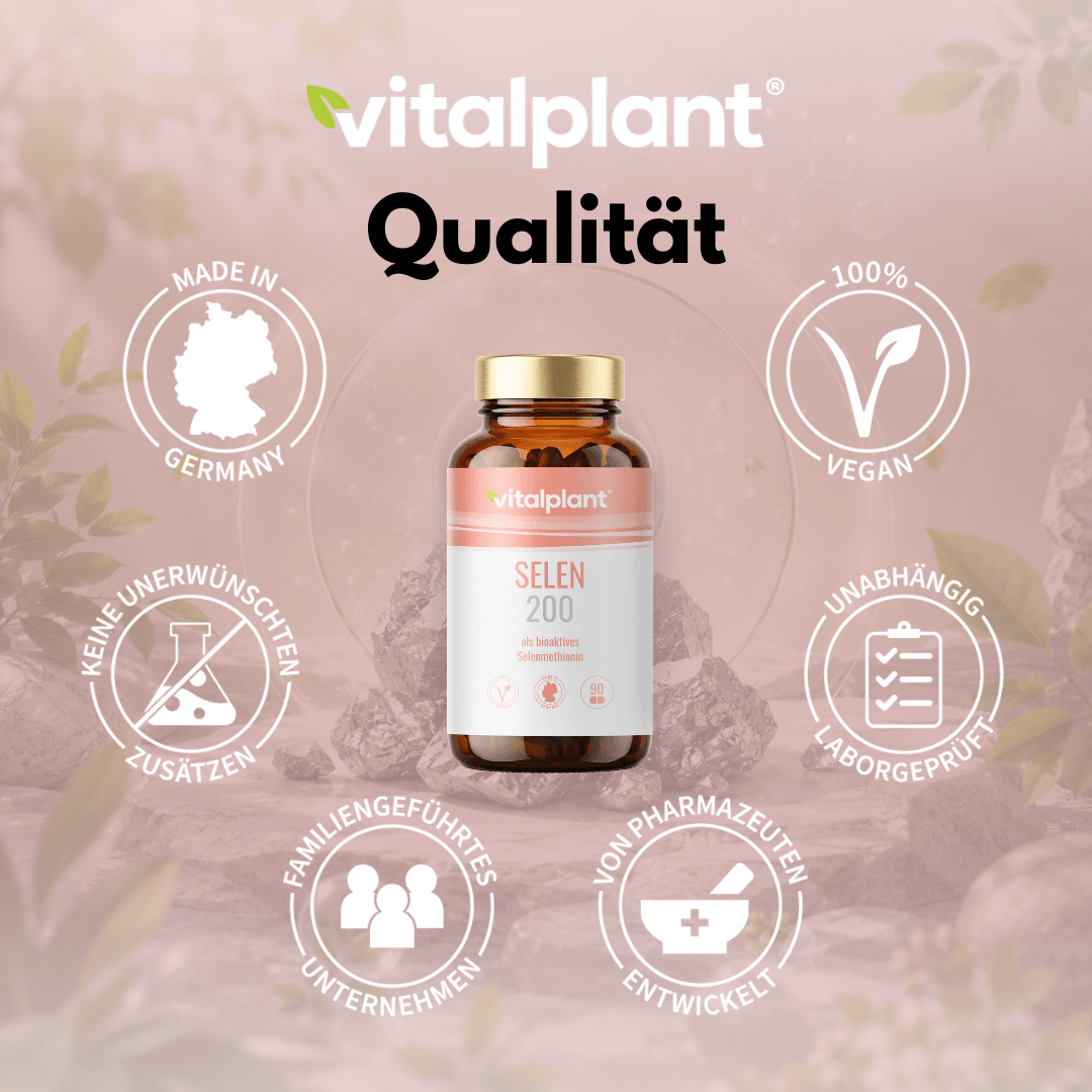 Selen Kapseln 200µg von vitalplant – hochwertig, vegan und in Deutschland hergestellt.