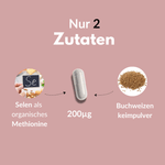 Selen Kapseln mit 200µg – Zutaten: Selen als organisches Methionin und Buchweizenkernpulver.