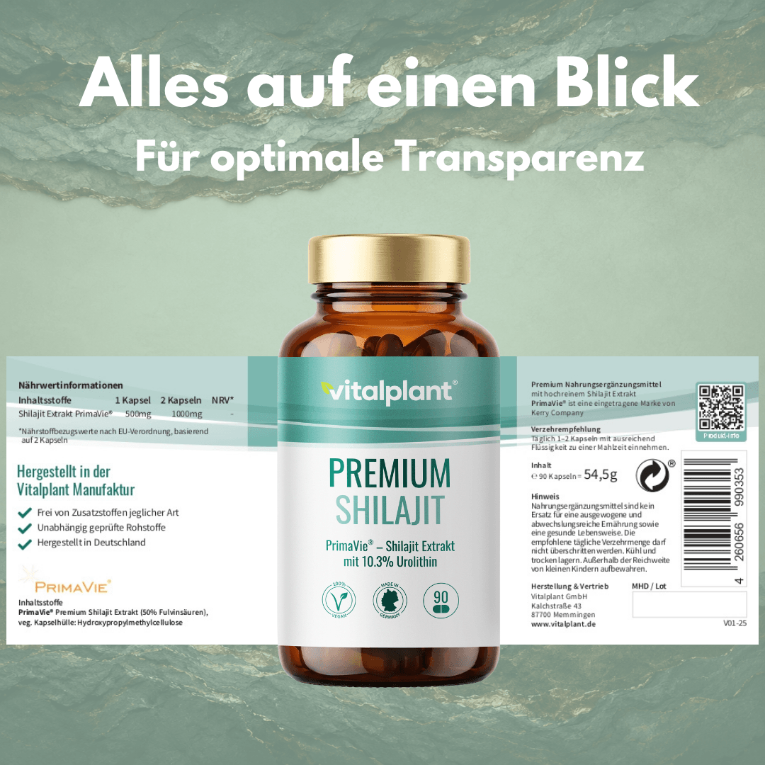 Shilajit capsules by Vitalplant with nutritional information and transparent label