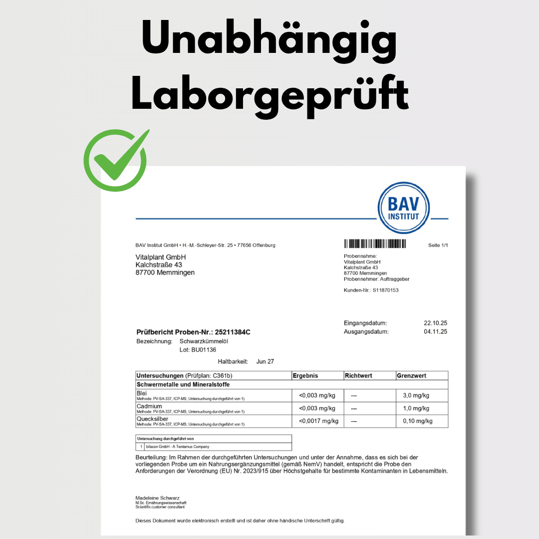 Bio Schwarzkümmelöl unabhängige Laborprüfung mit detailliertem Prüfbericht von BAV Institut.