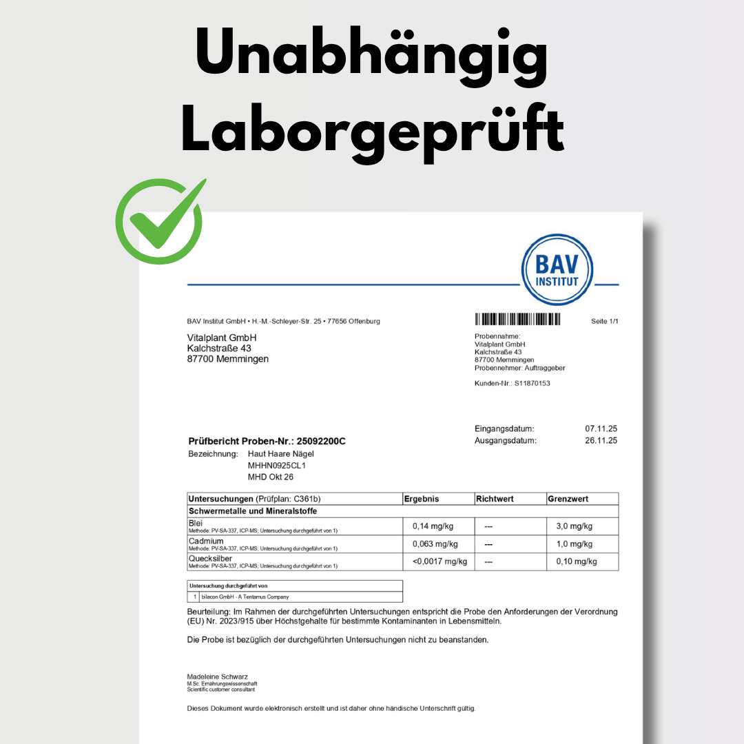 Haut Haare Nägel Laborgutachten, unabhängig geprüft, Qualitätskriterien von BAV Institut.