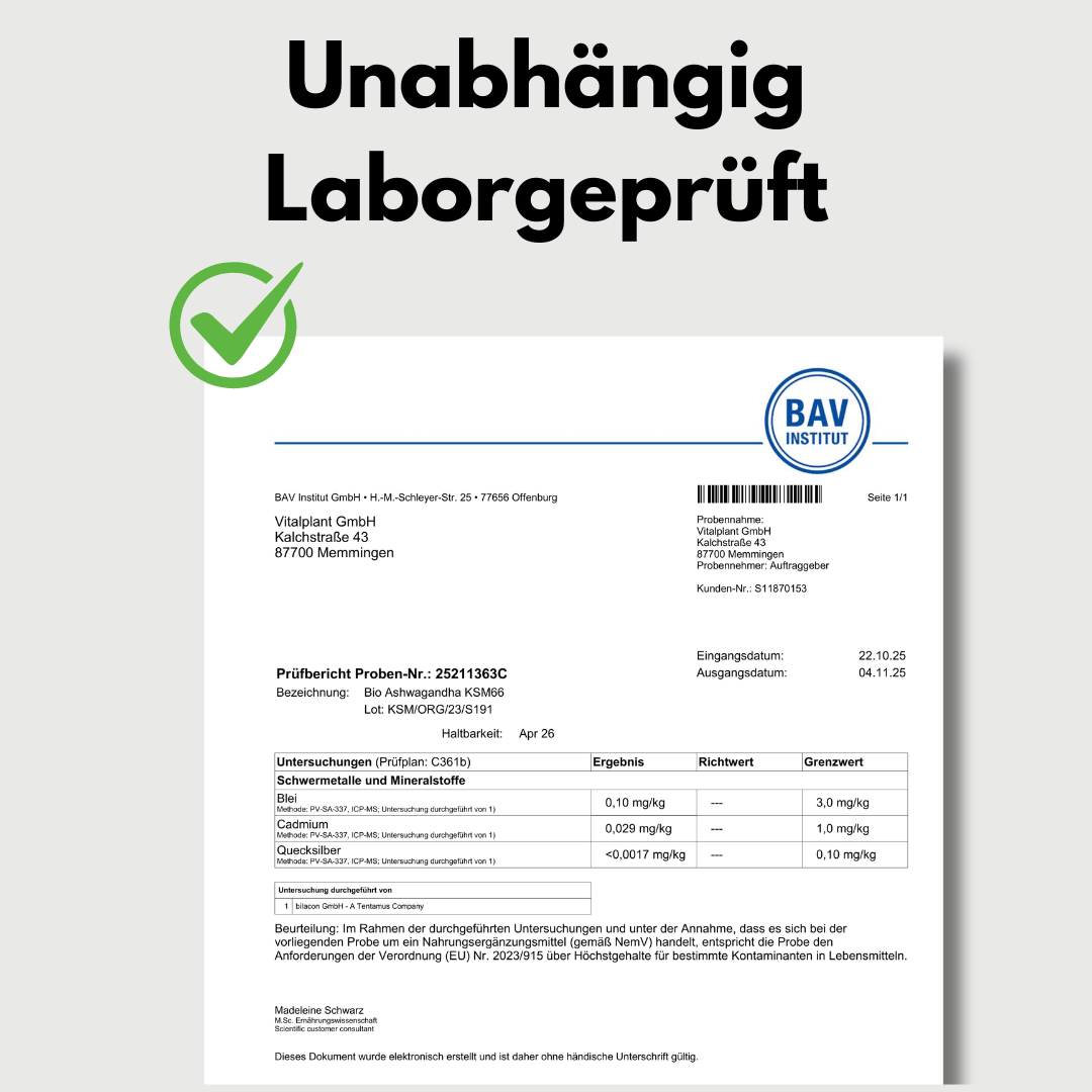 Bio Ashwagandha – Unabhängig laborgeprüftes Zertifikat von BAV Institut für Qualitätssicherung.