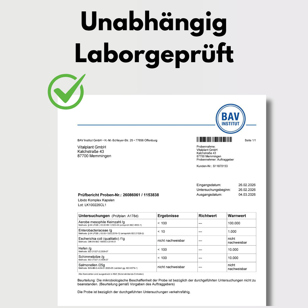 Unabhängig Laborgeprüftes Zertifikat für Libido Komplex von Vitalplant GmbH.