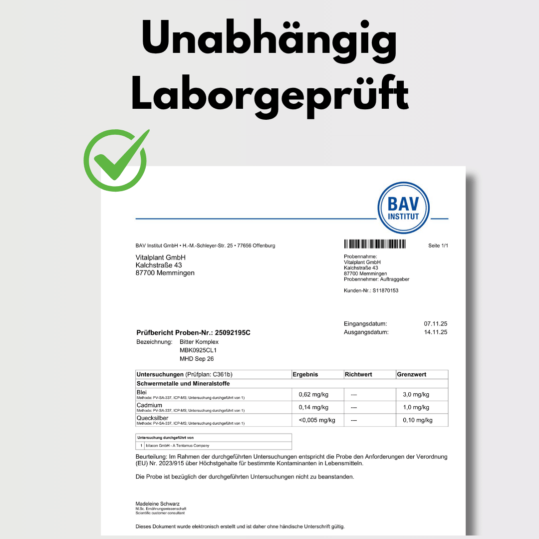 Bitter Komplex – Unabhängig Laborgeprüftes Zertifikat für höchste Qualität und Sicherheit in der Lebensmittelversorgung.