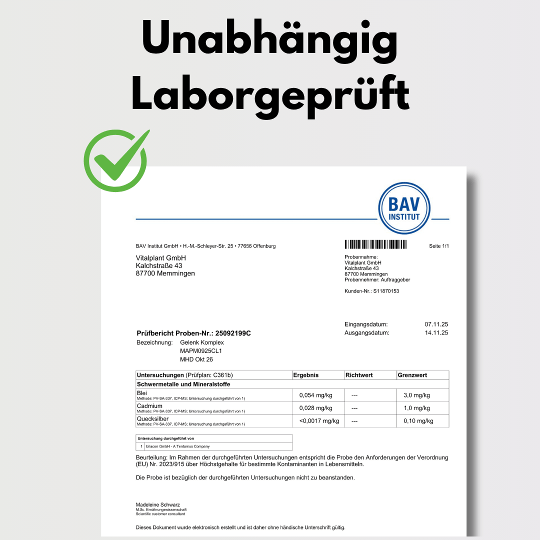 Joint Complex certificate: Independently lab-tested with test results for quality and safety.