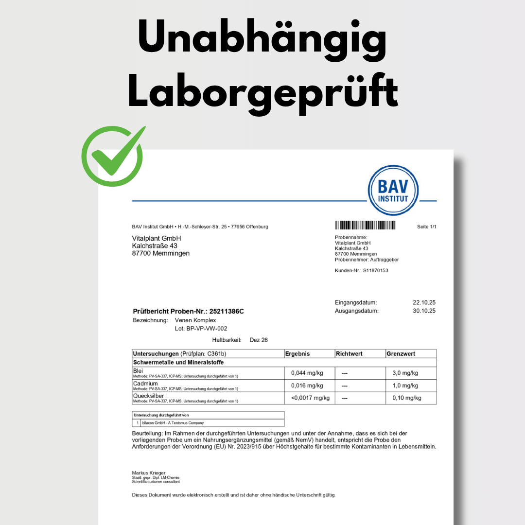 Unabhängig laborgeprüftes Zertifikat für Venen Komplex Kapseln von Vitalplant®.