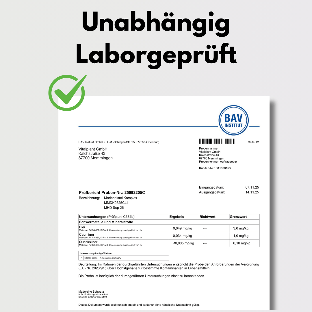 Milk Thistle Complex lab-tested certificate for independent quality assurance of the capsules.