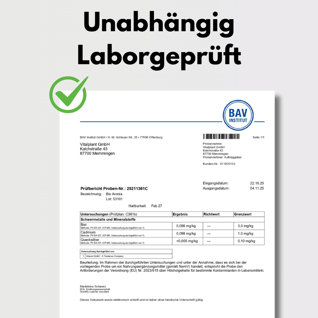 Bio Aronia independent laboratory testing certificate for the quality and safety of Bio Aronia capsules.