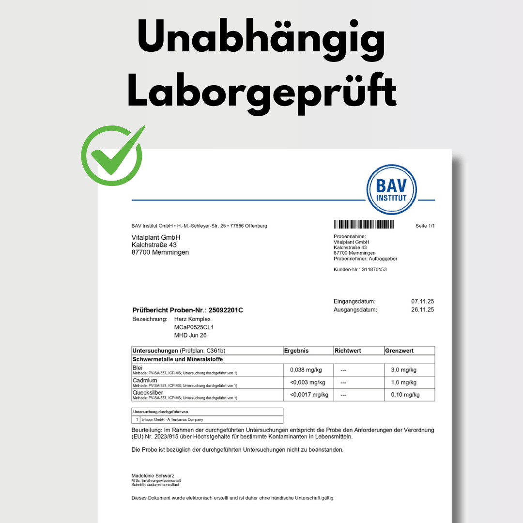 Independently lab-tested certificate for Heart Complex from BAV Institut.