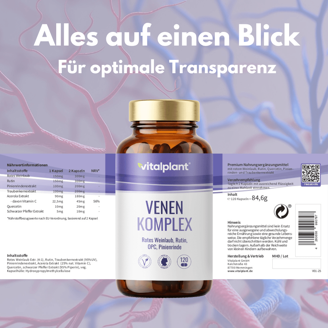 Venen Komplex Kapseln von Vitalplant für gesunde Blutgefäße und optimale Transparenz der Inhaltsstoffe.
