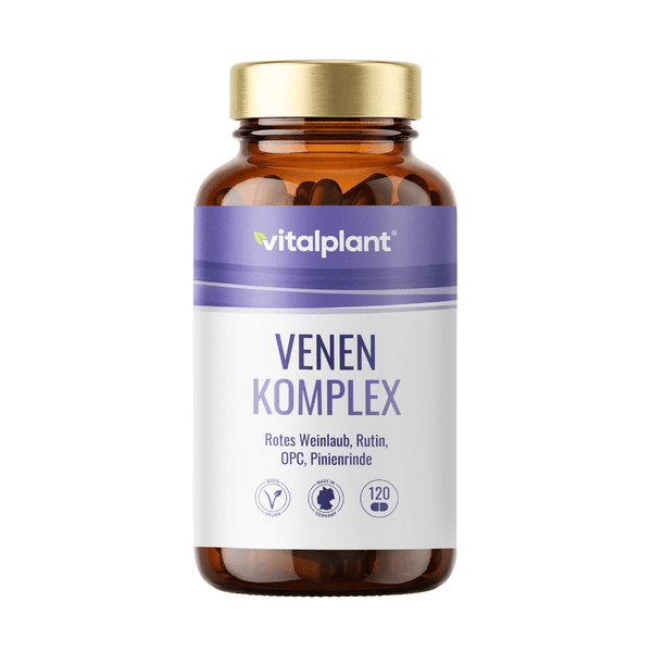 Venen Komplex Kapseln von Vitalplant für gesunde Blutgefäße mit Rotem Weinlaub, Rutin, OPC und Pinienrinde.