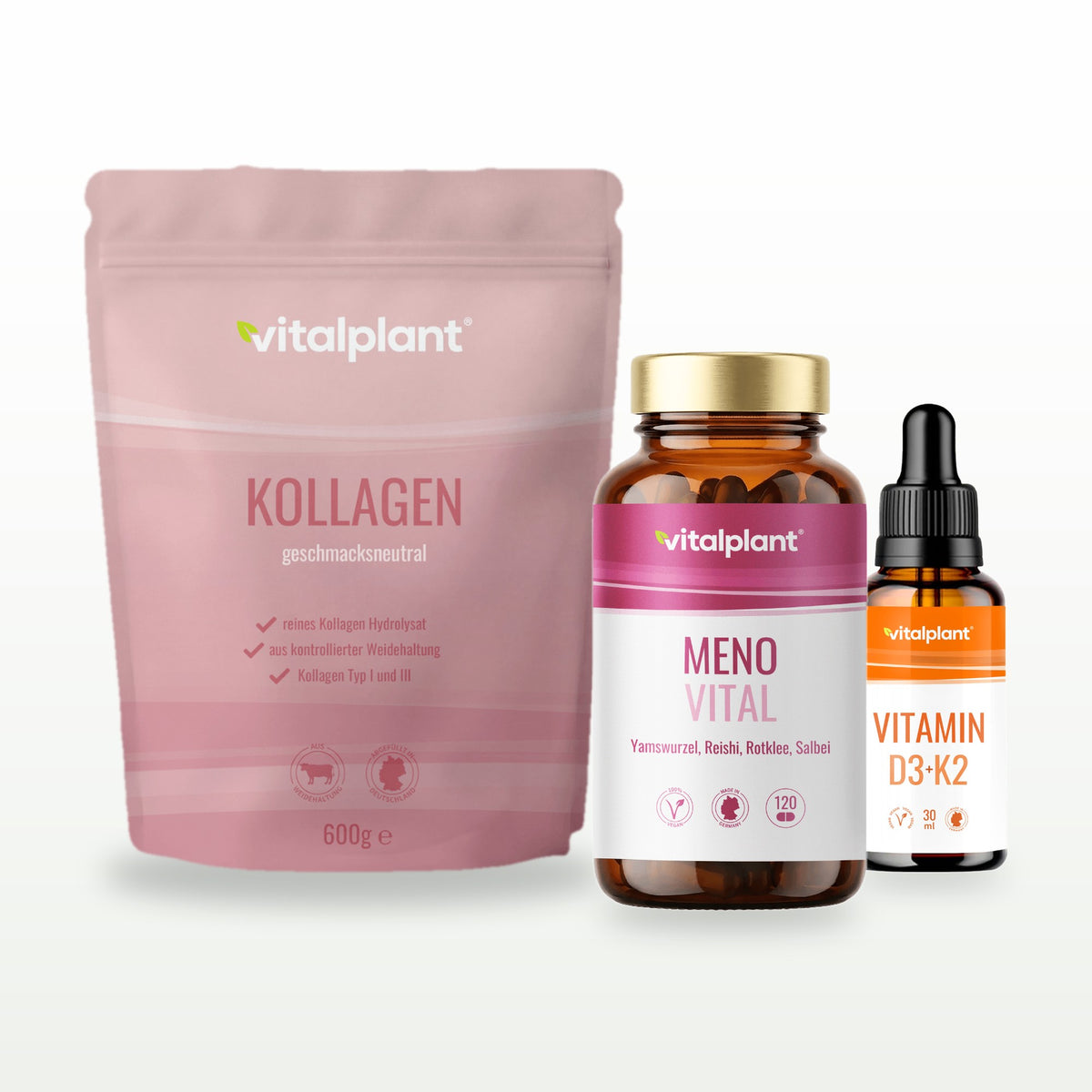 Vitalpaket Frauen Vital 50+ mit Meno Vital Kapseln, Kollagen Pulver und Vitamin D3 + K2 Tropfen
